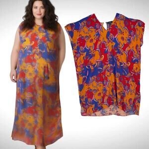 ModCloth Floral Tropical Twirl Kaftan Shirt Long Dress Orange Blue‎ Size Large